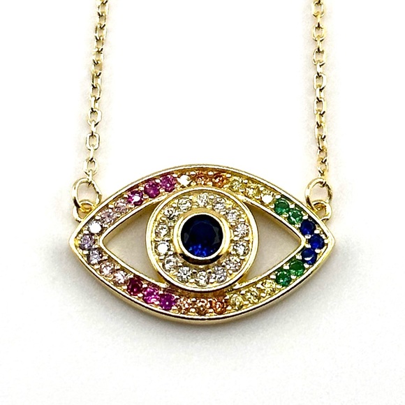 18K Gold Plated over 925 Sterling Silver Multicolor Evil Eye Pendant Necklace - Picture 3 of 7